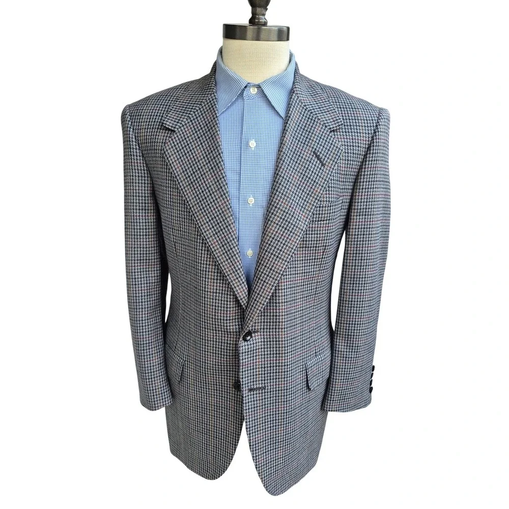 Oxxford Clothes Made By Hand Grey Houndstooth‎ Windowpane Sport Coat Sz 40 S R